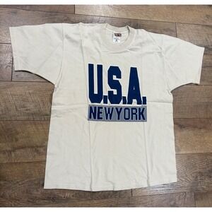 Vintage‎ 90s New York USA Spellout Graphic Tee Tan Navy Blue Large Made In USA